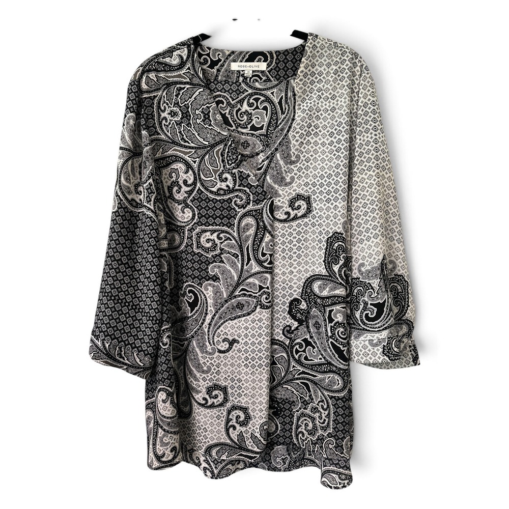 Rose + Olive Plus 3X Paisley Patchwork Tunic Blouse 3/4 Sleeve Black White